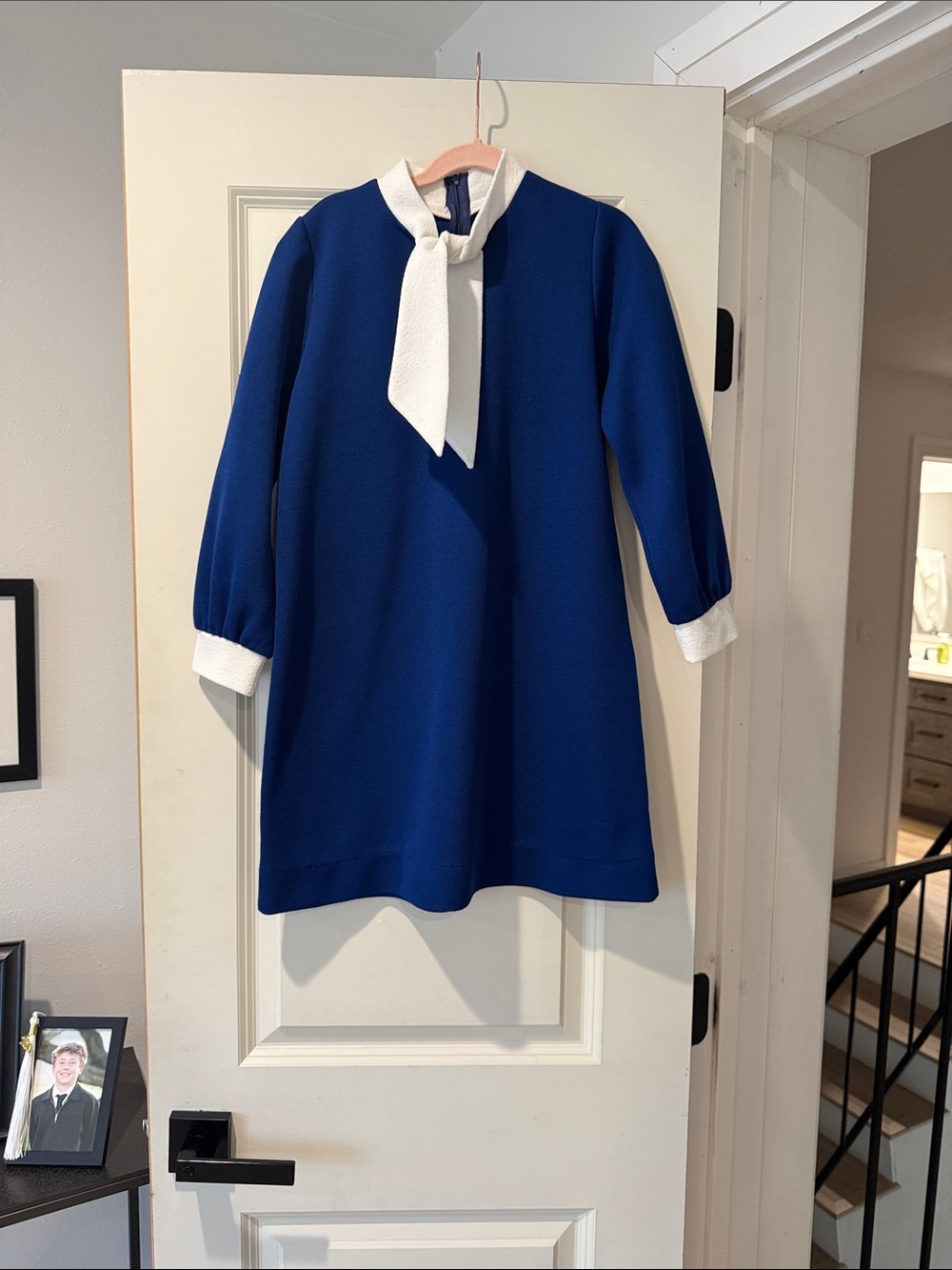 Girls' Blue Tie-Neck Dress with White Trim